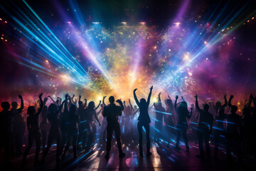 Disco laser - silhouette of people dancing under disco laser beam - 646008001