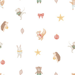 cute Christmas pattern with forest animals such as squirrel, hedgehog ,mouse and Christmas tree toys