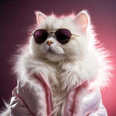 Funny and serious white cat in a pink jacket and glasses
