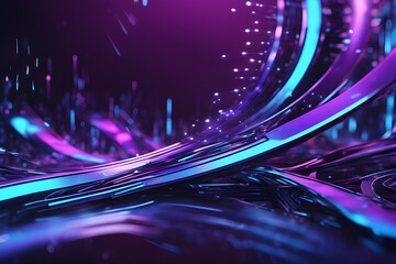 High-speed dashed lines and abstract futuristic background with waves, DNA, and sparkling neon of purple blue light. Data transfer