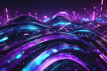 High-speed dashed lines and abstract futuristic background with waves, DNA, and sparkling neon of purple blue light. Data transfer - obrazy, fototapety, plakaty