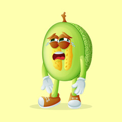 honeydew melon character with a crying face