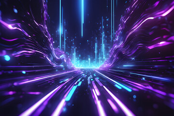 High-speed dashed lines and abstract futuristic background with waves, DNA, and sparkling neon of purple blue light. Data transfer - obrazy, fototapety, plakaty