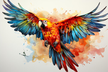 Fototapeta premium Colorful parrot drawn with watercolor isolated on background