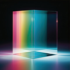 Abstract composition with colored glass cube, chromatic aberrations and light dispersion