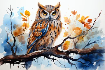 Poster Im Rahmen An brown owl standing on a branch drawn with watercolor isolated on background © leo10