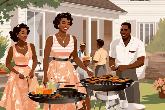 illustration backyard house barbecue family