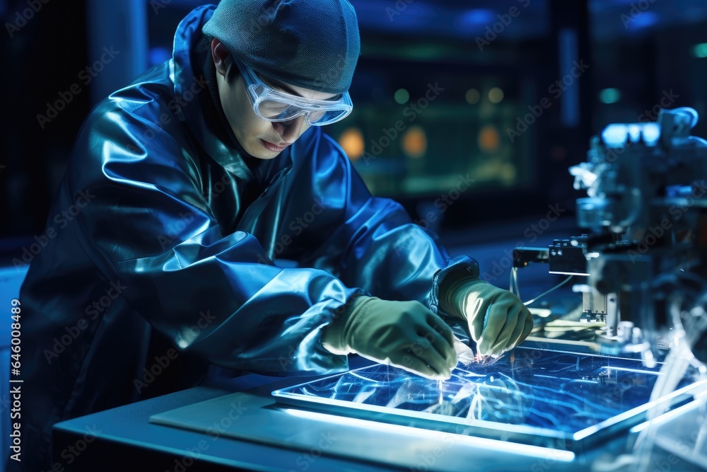 Poster a scientist in a laboratory tests a solar panel.