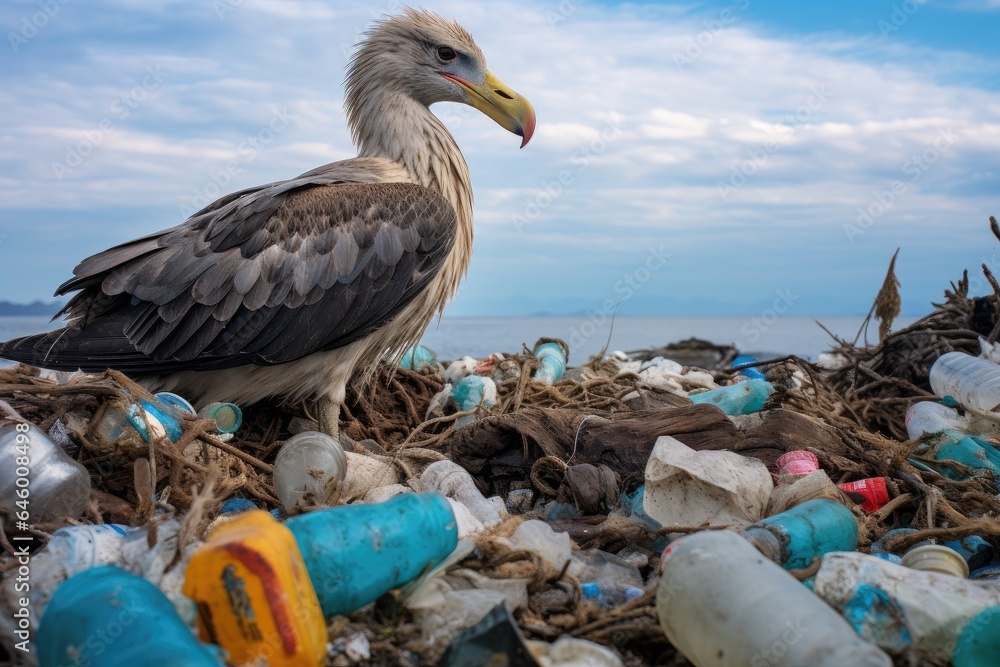 Poster a seabird sits on a pile of garbage.