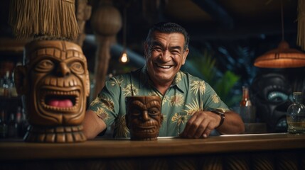 Obraz premium Tiki drink cocktails. Tropical tiki cocktails bar. Friendly male bartender