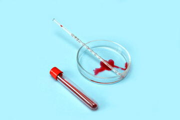 Petri dish with blood stain in the form of a heart, test tube, with blood