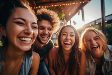 A group of friends laughing in the street.