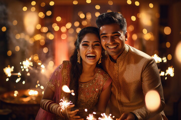 Obraz na płótnie Canvas Couple holding burning sparklers in hand and celebrating diwali festival.