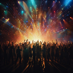 Disco laser - silhouette of people dancing under disco laser beam - obrazy, fototapety, plakaty