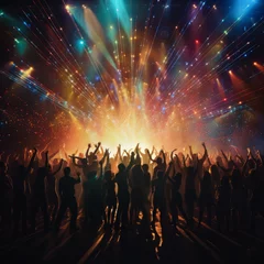Gordijnen Disco laser - silhouette of people dancing under disco laser beam © Guido Amrein