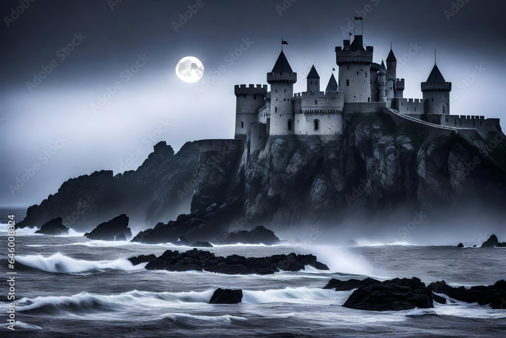Poster a castle in the middle of an ocean. the castle appears mysterious and enchanting, shrouded in mist a