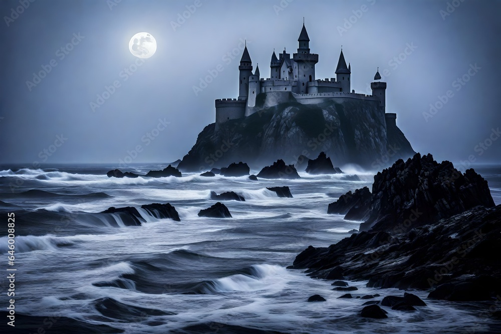 Poster a castle in the middle of an ocean. the castle appears mysterious and enchanting, shrouded in mist a