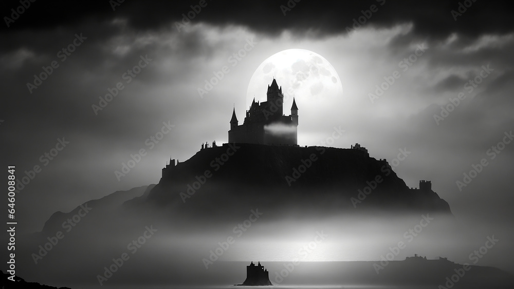 Poster a castle in the middle of an ocean. the castle appears mysterious and enchanting, shrouded in mist a
