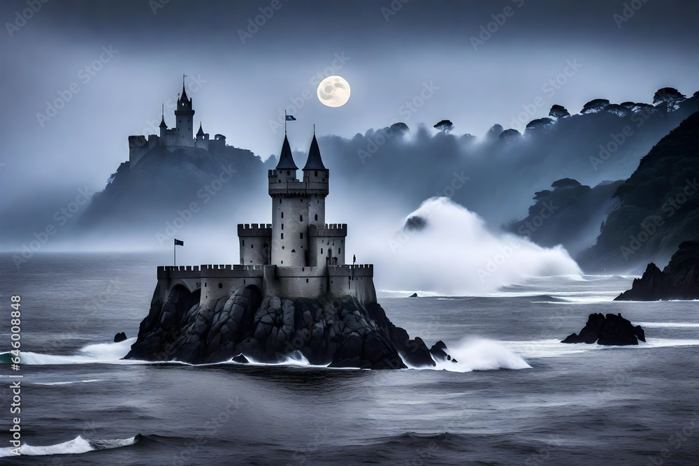 Poster a castle in the middle of an ocean. the castle appears mysterious and enchanting, shrouded in mist a