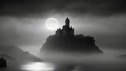 A castle in the middle of an ocean. The castle appears mysterious and enchanting, shrouded in mist...