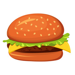 Big burger with meet, melting cheese and lettuce between buns. Hamburger, American fast food. Cheeseburger with cutlet, salad and sauces. Flat cartoon vector illustration isolated on white background