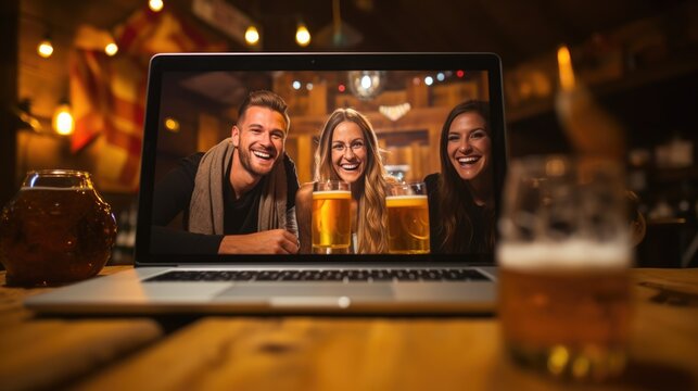Happy young people drinking beer and using lapop in pub together. Oktoberfest