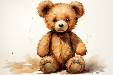 Brown teddy bear drawn with watercolor isolated on background