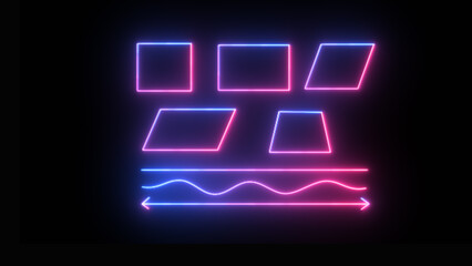 Realistic set of neon frames different geometric shape. Different types of square, line and curve bright illuminated shape.