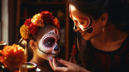 Mother and daughter doing makeup for the Mexican holiday Day of Death - obrazy, fototapety, plakaty