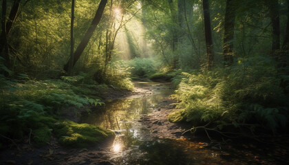 A tranquil scene of flowing water through a wilderness area generated by AI