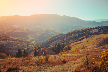 Mountain ridge in fall. Mountain autumn landscape