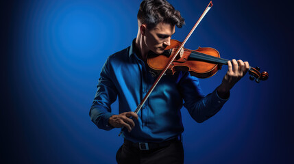 Fototapeta premium Young man playing violin on blue background