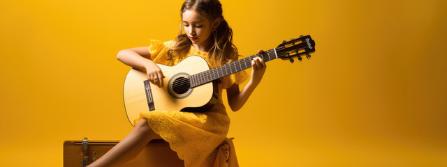 Teenage girl playing guitar on yellow background