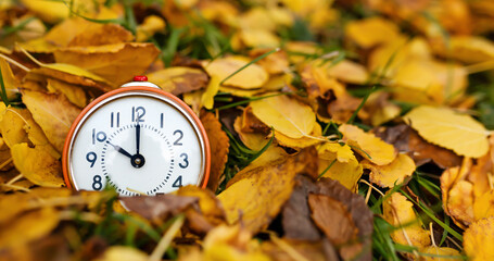 Orange alarm clock in the yellow autumn leaves. Daylight savings time, fall banner.