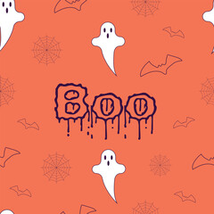 Seamless pattern with ghosts, bats and cobwebs for Halloween.