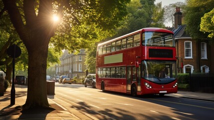 traditional english red bus in typical english street, uk transport, generative ai