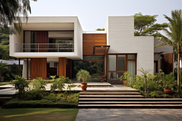Fototapeta premium Modern Indian House With A Balcony, Modern Indian House, Modern Indian House Design, Modern Indian House Exterior