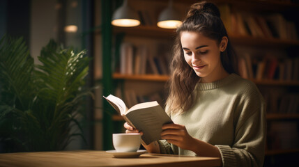 Teen girl reading a book in the library