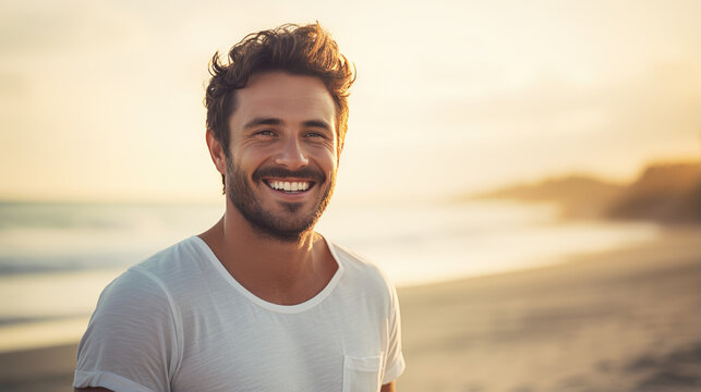Handsome man smiles happily while on vacation with the beach in the background