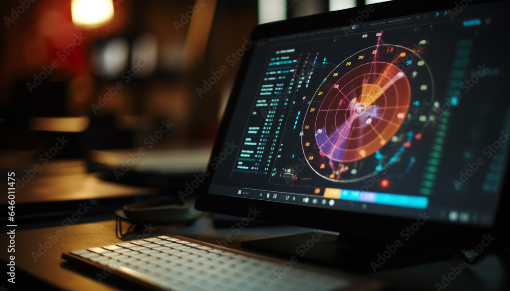 Poster efficiently analyzing business growth with modern computer equipment and technology generated by ai