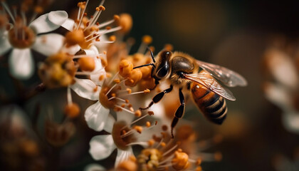 Fototapeta premium A busy honey bee pollinates a single yellow flower outdoors generated by AI