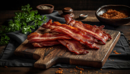 Fototapeta premium Smoked prosciutto on rustic wood plate, a gourmet indulgence generated by AI