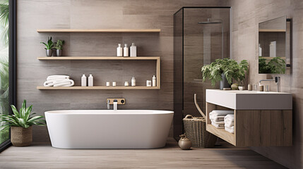 A contemporary residential bathroom and toilet design presented through 3D rendering, featuring a sleek, clean layout with amenities .