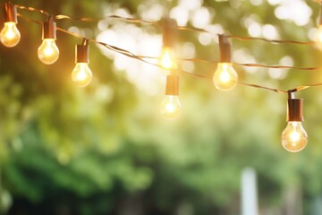 String lights hanging outdoors in backyard with green bokeh background and space for text. Generative AI - obrazy, fototapety, plakaty