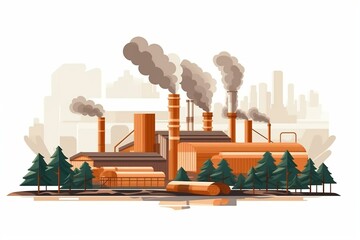 Flat style timber for paper mill with factory silhouette, industrial processing, wood pulp to paper process, deforestation, ecology. Generative AI
