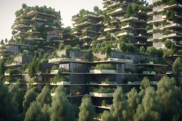 Fototapeta premium Blend of nature and cityscape. Forest harmonizing with sustainable buildings. Green, eco-friendly urban concept. Generative AI