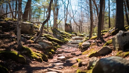 Obraz premium Photo of a serene forest trail with moss-covered rocks and towering trees
