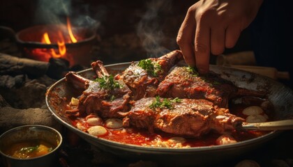 Photo of a person cooking meat in a pan