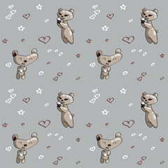 Seamless vector pattern with teddy bears and hearts on grey background