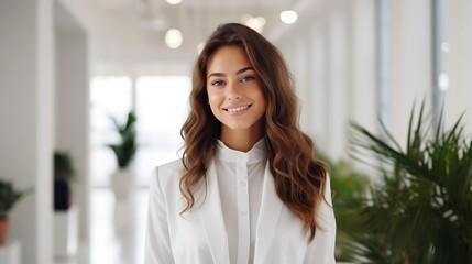 Portrait of beautiful young woman smiling and looking at camera in office